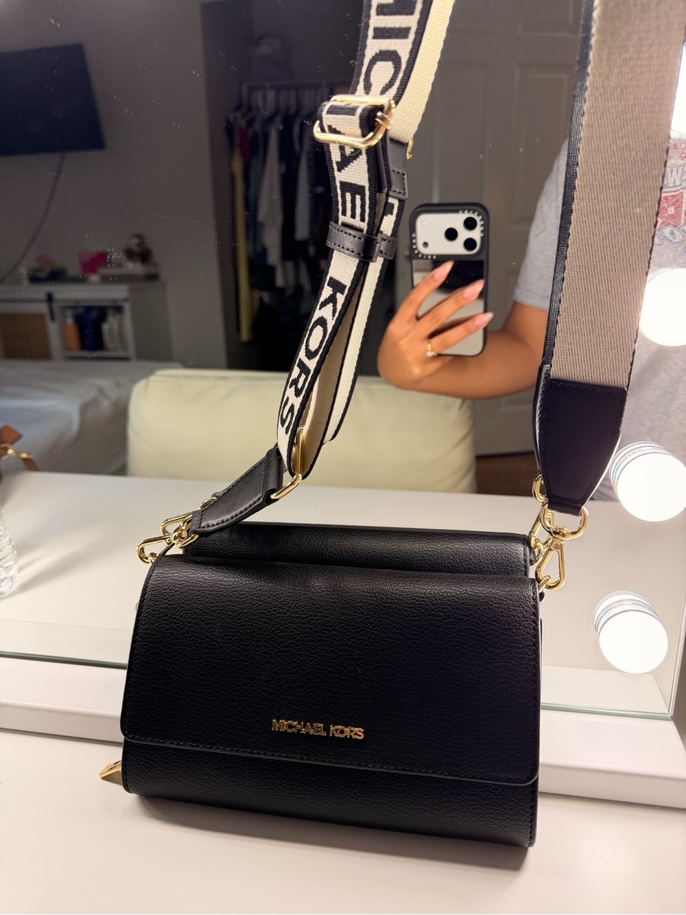 Michael Kors Black Leather Crossbody with Branded Strap